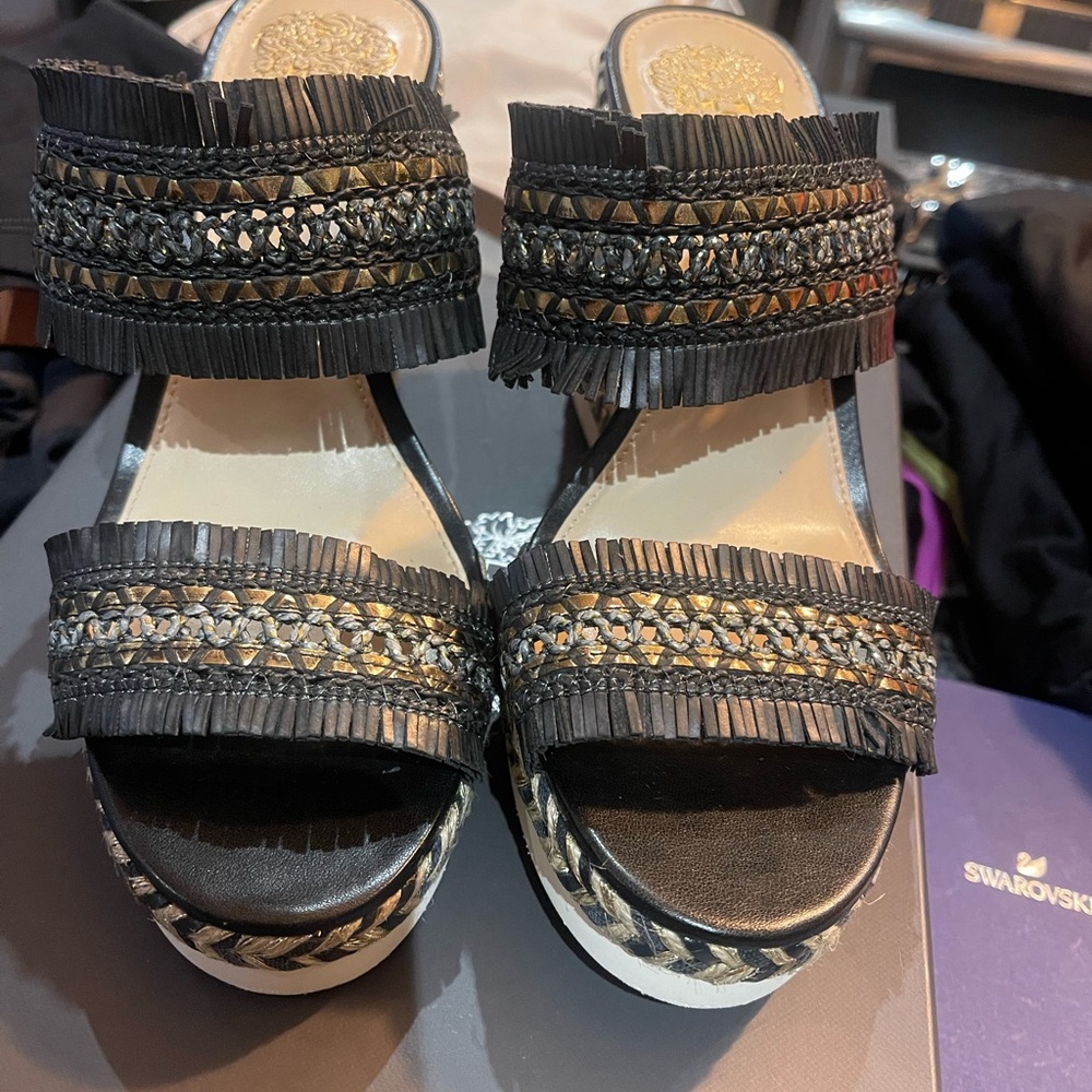 Vince Camuto Black and Gold Woven Sandals